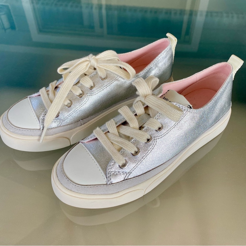 🩶 Kate Spade !  Silver and White Sneakers with Metallic / Glittery Accent ! COOL